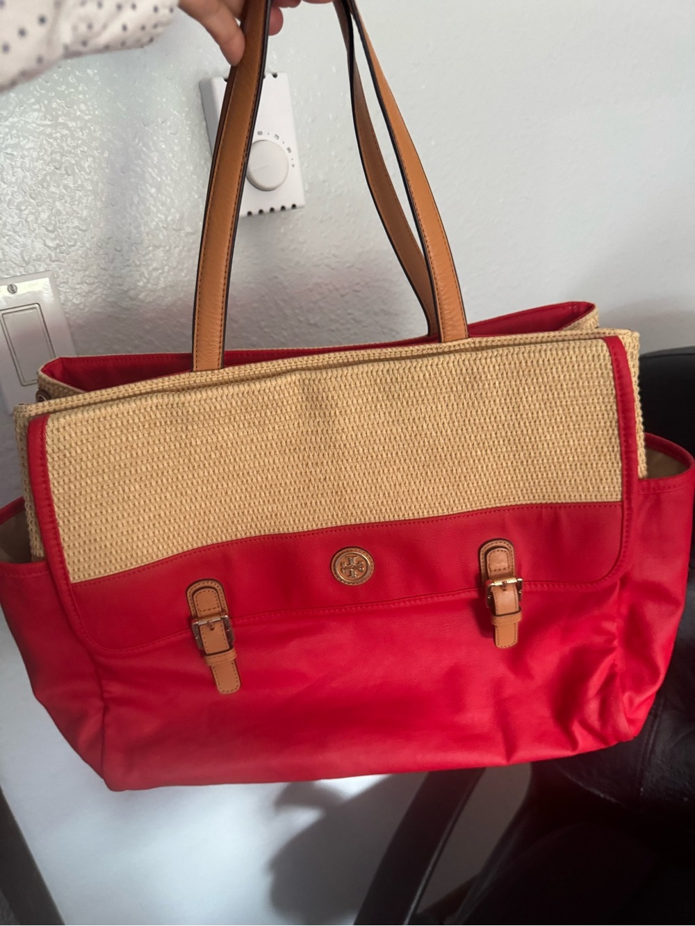 Red and Tory Burch Tan Tote Bag with Straw Accent